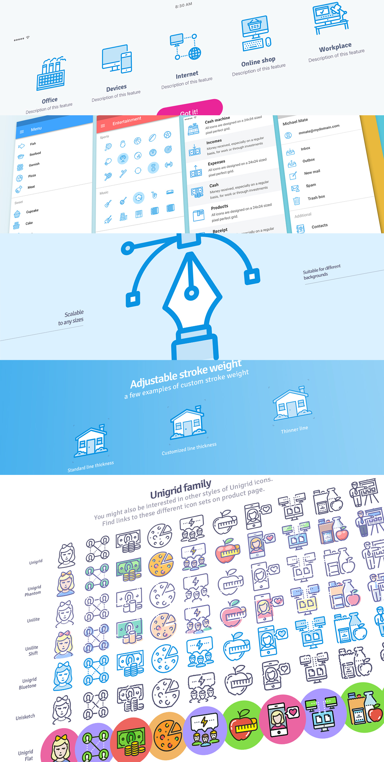 Unigrid Bluetone icons usage example